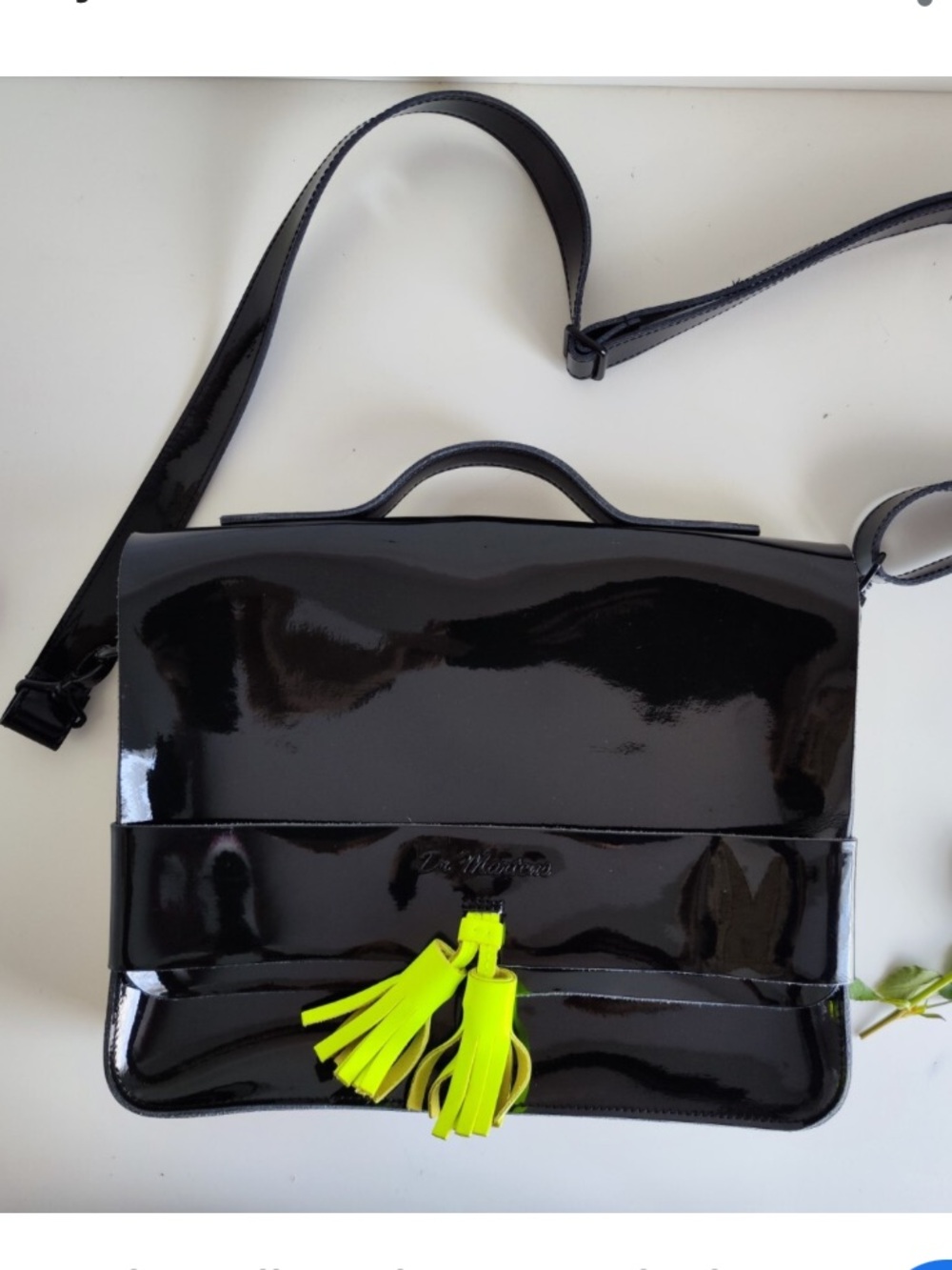 Dr Martens Black Patent Crossbody Bag with Neon Yellow Tassel - Picture 1 of 13